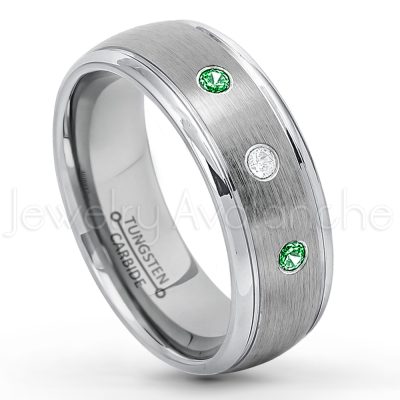 0.21ctw Tsavorite 3-Stone Tungsten Ring - January Birthstone Ring - 8mm Tungsten Wedding Ring - Brushed Finish Comfort Fit Classic Dome Tungsten Carbide Ring - Bride and Groom's Ring TN176-TVR