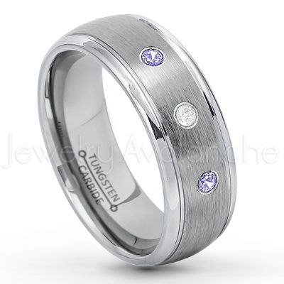 0.21ctw Tanzanite 3-Stone Tungsten Ring - December Birthstone Ring - 8mm Tungsten Wedding Ring - Brushed Finish Comfort Fit Classic Dome Tungsten Carbide Ring - Bride and Groom's Ring TN176-TZN