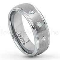 0.21ctw Aquamarine 3-Stone Tungsten Ring - March Birthstone Ring - 8mm Tungsten Wedding Ring - Brushed Finish Comfort Fit Classic Dome Tungsten Carbide Ring - Bride and Groom's Ring TN176-AQM
