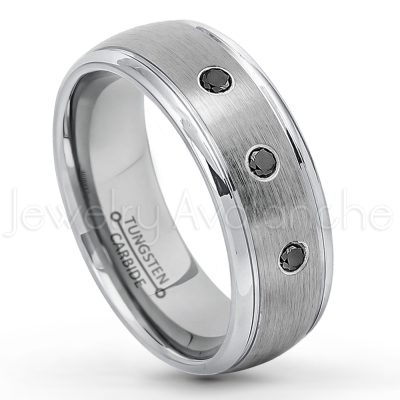 0.21ctw Black & White Diamond 3-Stone Tungsten Ring - April Birthstone Ring - 8mm Tungsten Wedding Ring - Brushed Finish Comfort Fit Classic Dome Tungsten Carbide Ring - Bride and Groom's Ring TN176-BD