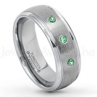 0.21ctw Emerald 3-Stone Tungsten Ring - May Birthstone Ring - 8mm Tungsten Wedding Ring - Brushed Finish Comfort Fit Classic Dome Tungsten Carbide Ring - Bride and Groom's Ring TN176-ED