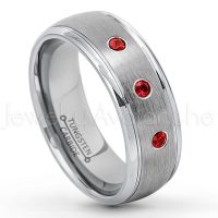 0.21ctw Garnet 3-Stone Tungsten Ring - January Birthstone Ring - 8mm Tungsten Wedding Ring - Brushed Finish Comfort Fit Classic Dome Tungsten Carbide Ring - Bride and Groom's Ring TN176-GR