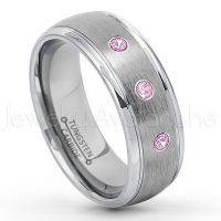 0.21ctw Pink Tourmaline 3-Stone Tungsten Ring - October Birthstone Ring - 8mm Tungsten Wedding Ring - Brushed Finish Comfort Fit Classic Dome Tungsten Carbide Ring - Bride and Groom's Ring TN176-PTM