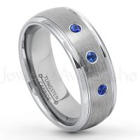 0.21ctw Blue Sapphire 3-Stone Tungsten Ring - September Birthstone Ring - 8mm Tungsten Wedding Ring - Brushed Finish Comfort Fit Classic Dome Tungsten Carbide Ring - Bride and Groom's Ring TN176-SP