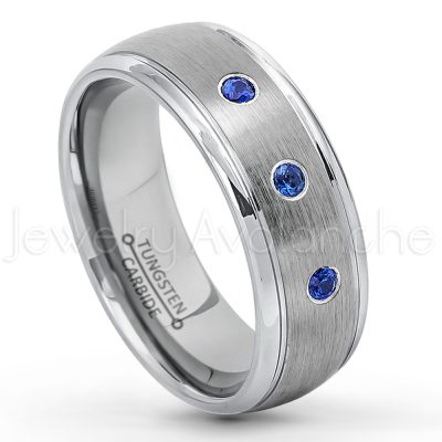 0.21ctw Blue Sapphire & Diamond 3-Stone Tungsten Ring - September Birthstone Ring - 8mm Tungsten Wedding Ring - Brushed Finish Comfort Fit Classic Dome Tungsten Carbide Ring - Bride and Groom's Ring TN176-SP