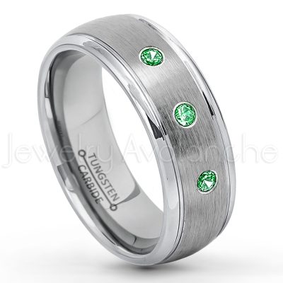 0.21ctw Tsavorite & Diamond 3-Stone Tungsten Ring - January Birthstone Ring - 8mm Tungsten Wedding Ring - Brushed Finish Comfort Fit Classic Dome Tungsten Carbide Ring - Bride and Groom's Ring TN176-TVR