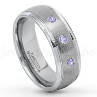 0.21ctw Tanzanite 3-Stone Tungsten Ring - December Birthstone Ring - 8mm Tungsten Wedding Ring - Brushed Finish Comfort Fit Classic Dome Tungsten Carbide Ring - Bride and Groom's Ring TN176-TZN