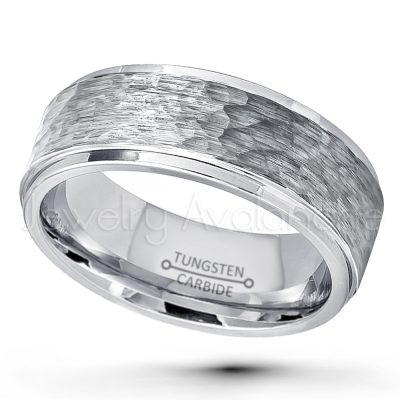 9mm Hammered Finish Tungsten Wedding Band - Stepped Edge Comfort Fit Tungsten Carbide Ring - Men's Tungsten Anniversary Ring TN177PL