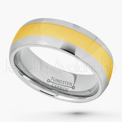 2-tone Dome Tungsten Wedding Band - 8mm Polished Finish Yellow Gold Plated Comfort Fit Tungsten Carbide Ring - Anniversary Ring TN180PL