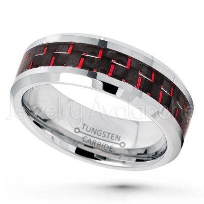 8mm Beveled Edge Tungsten Wedding Band - Polished Comfort Fit Tungsten Carbide Ring w/ Red & Black Carbon Fiber Inlay - Tungsten Ring TN205PL