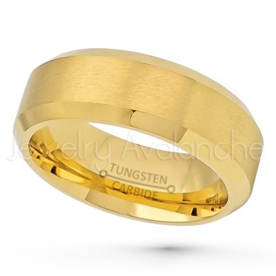 8mm Tungsten Wedding Ring - Brushed Finish Yellow Gold Plated Comfort Fit Tungsten Carbide Ring - Engagement Ring - Anniversary Ring TN210PL