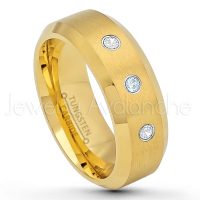0.21ctw Aquamarine & Diamond 3-Stone Tungsten Ring - March Birthstone Ring - 8mm Tungsten Wedding Ring - Brushed Finish Yellow Gold Plated Comfort Fit Tungsten Carbide Ring - Tungsten Anniversary Ring TN210-AQM
