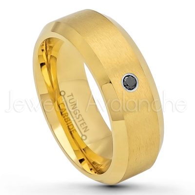 0.21ctw Black Diamond 3-Stone Tungsten Ring - April Birthstone Ring - 8mm Tungsten Wedding Ring - Brushed Finish Yellow Gold Plated Comfort Fit Tungsten Carbide Ring - Tungsten Anniversary Ring TN210-BD