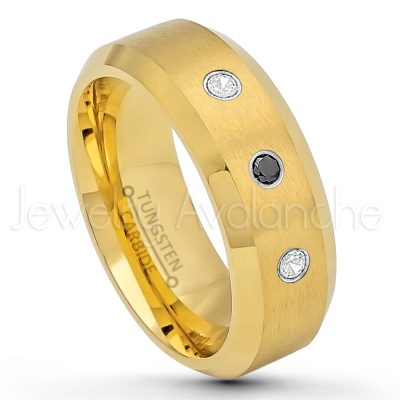 0.21ctw White & Black Diamond 3-Stone Tungsten Ring - April Birthstone Ring - 8mm Tungsten Wedding Ring - Brushed Finish Yellow Gold Plated Comfort Fit Tungsten Carbide Ring - Tungsten Anniversary Ring TN210-WD