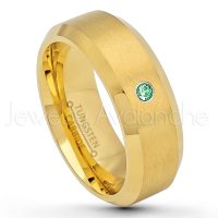 0.07ctw Emerald Tungsten Ring - May Birthstone Ring - 8mm Tungsten Wedding Ring - Brushed Finish Yellow Gold Plated Comfort Fit Tungsten Carbide Ring - Tungsten Anniversary Ring TN210-ED