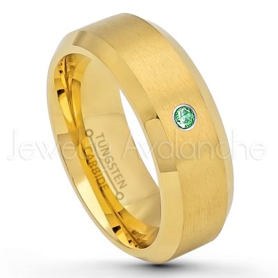 0.21ctw Emerald & Diamond 3-Stone Tungsten Ring - May Birthstone Ring - 8mm Tungsten Wedding Ring - Brushed Finish Yellow Gold Plated Comfort Fit Tungsten Carbide Ring - Tungsten Anniversary Ring TN210-ED