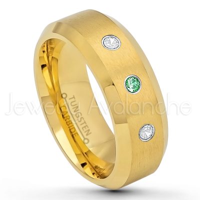 0.21ctw Emerald 3-Stone Tungsten Ring - May Birthstone Ring - 8mm Tungsten Wedding Ring - Brushed Finish Yellow Gold Plated Comfort Fit Tungsten Carbide Ring - Tungsten Anniversary Ring TN210-ED