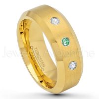 0.21ctw Emerald & Diamond 3-Stone Tungsten Ring - May Birthstone Ring - 8mm Tungsten Wedding Ring - Brushed Finish Yellow Gold Plated Comfort Fit Tungsten Carbide Ring - Tungsten Anniversary Ring TN210-ED