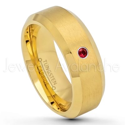 0.21ctw Garnet 3-Stone Tungsten Ring - January Birthstone Ring - 8mm Tungsten Wedding Ring - Brushed Finish Yellow Gold Plated Comfort Fit Tungsten Carbide Ring - Tungsten Anniversary Ring TN210-GR