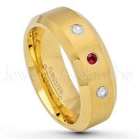0.21ctw Garnet & Diamond 3-Stone Tungsten Ring - January Birthstone Ring - 8mm Tungsten Wedding Ring - Brushed Finish Yellow Gold Plated Comfort Fit Tungsten Carbide Ring - Tungsten Anniversary Ring TN210-GR