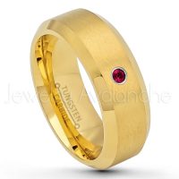 0.07ctw Ruby Tungsten Ring - July Birthstone Ring - 8mm Tungsten Wedding Ring - Brushed Finish Yellow Gold Plated Comfort Fit Tungsten Carbide Ring - Tungsten Anniversary Ring TN210-RB