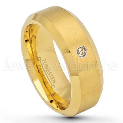 0.21ctw Smokey Quartz 3-Stone Tungsten Ring - November Birthstone Ring - 8mm Tungsten Wedding Ring - Brushed Finish Yellow Gold Plated Comfort Fit Tungsten Carbide Ring - Tungsten Anniversary Ring TN210-SMQ