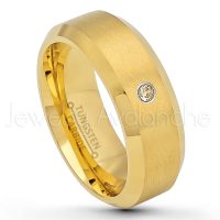 0.07ctw Smokey Quartz Tungsten Ring - November Birthstone Ring - 8mm Tungsten Wedding Ring - Brushed Finish Yellow Gold Plated Comfort Fit Tungsten Carbide Ring - Tungsten Anniversary Ring TN210-SMQ