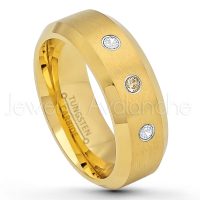 0.21ctw Smokey Quartz & Diamond 3-Stone Tungsten Ring - November Birthstone Ring - 8mm Tungsten Wedding Ring - Brushed Finish Yellow Gold Plated Comfort Fit Tungsten Carbide Ring - Tungsten Anniversary Ring TN210-SMQ