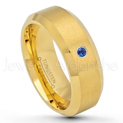 0.21ctw Blue Sapphire 3-Stone Tungsten Ring - September Birthstone Ring - 8mm Tungsten Wedding Ring - Brushed Finish Yellow Gold Plated Comfort Fit Tungsten Carbide Ring - Tungsten Anniversary Ring TN210-SP