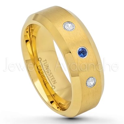0.21ctw Blue Sapphire 3-Stone Tungsten Ring - September Birthstone Ring - 8mm Tungsten Wedding Ring - Brushed Finish Yellow Gold Plated Comfort Fit Tungsten Carbide Ring - Tungsten Anniversary Ring TN210-SP