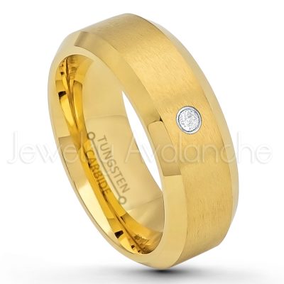 0.21ctw Diamond 3-Stone Tungsten Ring - April Birthstone Ring - 8mm Tungsten Wedding Ring - Brushed Finish Yellow Gold Plated Comfort Fit Tungsten Carbide Ring - Tungsten Anniversary Ring TN210-WD