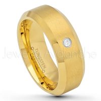 0.07ctw Diamond Tungsten Ring - April Birthstone Ring - 8mm Tungsten Wedding Ring - Brushed Finish Yellow Gold Plated Comfort Fit Tungsten Carbide Ring - Tungsten Anniversary Ring TN210-WD