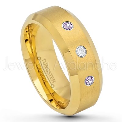 0.21ctw Amethyst & Diamond 3-Stone Tungsten Ring - February Birthstone Ring - 8mm Tungsten Wedding Ring - Brushed Finish Yellow Gold Plated Comfort Fit Tungsten Carbide Ring - Tungsten Anniversary Ring TN210-AMT