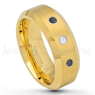 0.21ctw Black & White Diamond 3-Stone Tungsten Ring - April Birthstone Ring - 8mm Tungsten Wedding Ring - Brushed Finish Yellow Gold Plated Comfort Fit Tungsten Carbide Ring - Tungsten Anniversary Ring TN210-BD