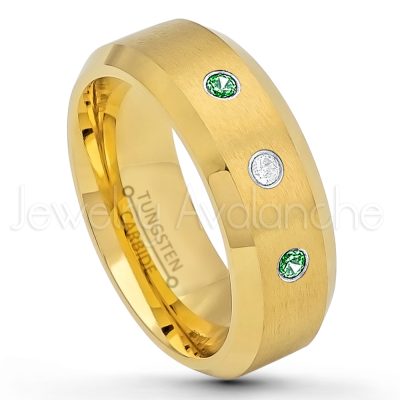 0.21ctw Emerald 3-Stone Tungsten Ring - May Birthstone Ring - 8mm Tungsten Wedding Ring - Brushed Finish Yellow Gold Plated Comfort Fit Tungsten Carbide Ring - Tungsten Anniversary Ring TN210-ED