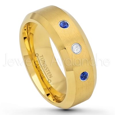 0.21ctw Blue Sapphire 3-Stone Tungsten Ring - September Birthstone Ring - 8mm Tungsten Wedding Ring - Brushed Finish Yellow Gold Plated Comfort Fit Tungsten Carbide Ring - Tungsten Anniversary Ring TN210-SP