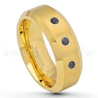 0.21ctw Black Diamond 3-Stone Tungsten Ring - April Birthstone Ring - 8mm Tungsten Wedding Ring - Brushed Finish Yellow Gold Plated Comfort Fit Tungsten Carbide Ring - Tungsten Anniversary Ring TN210-BD