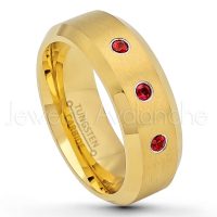 0.21ctw Garnet 3-Stone Tungsten Ring - January Birthstone Ring - 8mm Tungsten Wedding Ring - Brushed Finish Yellow Gold Plated Comfort Fit Tungsten Carbide Ring - Tungsten Anniversary Ring TN210-GR