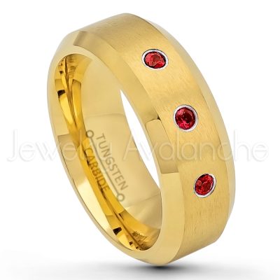 0.21ctw Garnet & Diamond 3-Stone Tungsten Ring - January Birthstone Ring - 8mm Tungsten Wedding Ring - Brushed Finish Yellow Gold Plated Comfort Fit Tungsten Carbide Ring - Tungsten Anniversary Ring TN210-GR