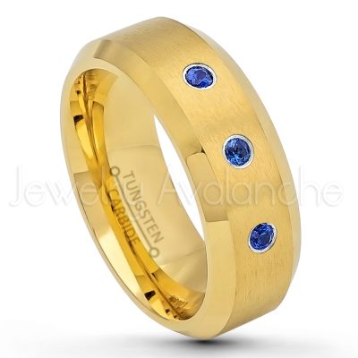 0.21ctw Blue Sapphire 3-Stone Tungsten Ring - September Birthstone Ring - 8mm Tungsten Wedding Ring - Brushed Finish Yellow Gold Plated Comfort Fit Tungsten Carbide Ring - Tungsten Anniversary Ring TN210-SP