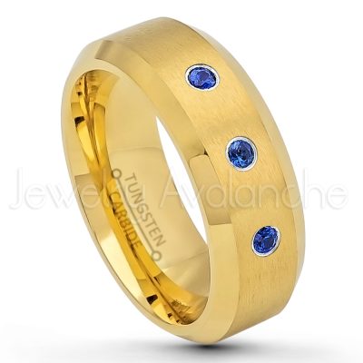 0.21ctw Blue Sapphire & Diamond 3-Stone Tungsten Ring - September Birthstone Ring - 8mm Tungsten Wedding Ring - Brushed Finish Yellow Gold Plated Comfort Fit Tungsten Carbide Ring - Tungsten Anniversary Ring TN210-SP