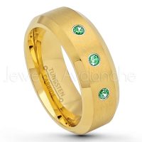 0.21ctw Tsavorite 3-Stone Tungsten Ring - January Birthstone Ring - 8mm Tungsten Wedding Ring - Brushed Finish Yellow Gold Plated Comfort Fit Tungsten Carbide Ring - Tungsten Anniversary Ring TN210-TVR