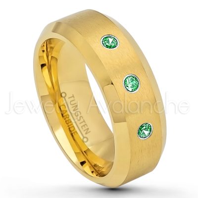 0.21ctw Tsavorite & Diamond 3-Stone Tungsten Ring - January Birthstone Ring - 8mm Tungsten Wedding Ring - Brushed Finish Yellow Gold Plated Comfort Fit Tungsten Carbide Ring - Tungsten Anniversary Ring TN210-TVR