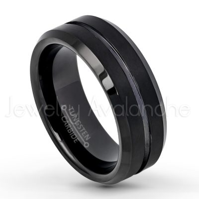 Grooved Center Black IP Tungsten Carbide Ring - 8mm Brushed Finish Comfort Fit Beveled Edge Tungsten Wedding Band - Tungsten Anniversary Band TN211PL
