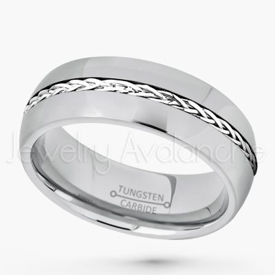 8mm Dome Tungsten Wedding Band - Polished Comfort Fit Tungsten Carbide Ring w/ .925 Braided Sterling Silver Inlay - Anniversary Ring TN217BS TN217PL