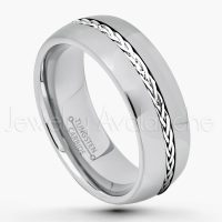 8mm Dome Tungsten Wedding Band - Polished Comfort Fit Tungsten Carbide Ring w/ .925 Braided Sterling Silver Inlay - Anniversary Ring TN217BS TN217PL
