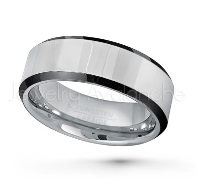 2-tone Tungsten Wedding Band - 8mm Polished Comfort Fit Tungsten Carbide Ring w/ Black Ion Plated Comfort Fit Beveled Edge - Tungsten Anniversary Band TN218PL