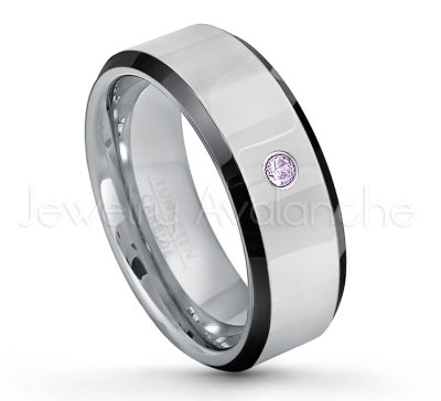 0.21ctw Amethyst & Diamond 3-Stone Tungsten Ring - February Birthstone Ring - 8mm Tungsten Wedding Band - Polished Black Ion Plated Beveled Edge Comfort Fit Tungsten Ring - Men's Anniversary Ring TN218-AMT