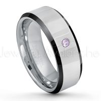 0.07ctw Amethyst Tungsten Ring - February Birthstone Ring - 8mm Tungsten Wedding Band - Polished Black Ion Plated Beveled Edge Comfort Fit Tungsten Ring - Men's Anniversary Ring TN218-AMT