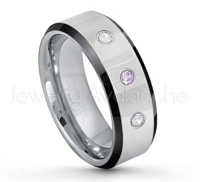 0.21ctw Amethyst 3-Stone Tungsten Ring - February Birthstone Ring - 8mm Tungsten Wedding Band - Polished Black Ion Plated Beveled Edge Comfort Fit Tungsten Ring - Men's Anniversary Ring TN218-AMT
